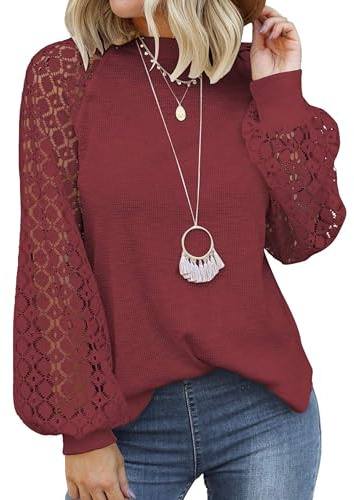 Zeagoo Camicia Donna Elegante Manica Lunga Girocollo in Pizzo Blusa Tinta Unita Casual Autunno Camicetta