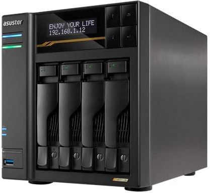 Asustor Lockerstor 4 Gen3 AS6804T, 4 Bay NAS, AMD Ryzen Quad-Core 2.3GHz, 16GB ECC DDR5, 4 M.2 NVMe Slots, Dual 5GbE & 10GbE Port, Network Attached Storage for Video & Content Creators (Diskless)