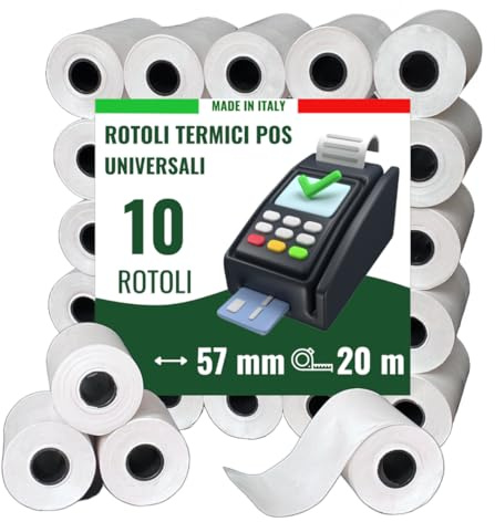 MAYA 10 Rotoli POS in Carta Termica 57mm x 20mt - Alta Qualità, Universali, Compatibili con Tutti i Dispositivi POS - Rotoli POS Termico 57x20x12, Senza BPA.
