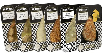 Sertina Platos Preparados Gourmet Pack SURTIDO MIX de 6 x 350g - Pollo con miel y mostaza, y al ajillo, Lasaña Pularda, Albóndigas a la Madrileña, Berenjenas Rellenas y Paella Valenciana.
