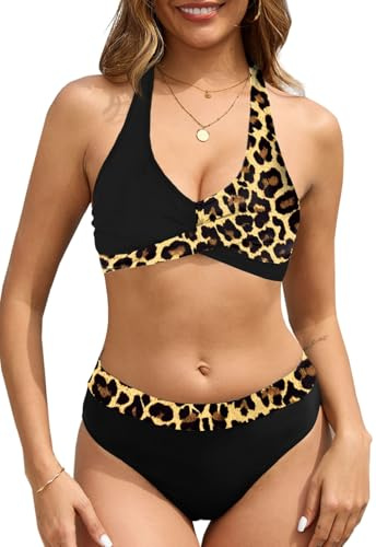 CheChury Maillot de Bain Femme 2 Pieces Push Up Bikini Set Taille Haute Maillots Deux Pièces Maillot de Bain Ventre Plat Bikinis Col en V Halter Bikini Femme 2 Pieces Sexy Swimwear