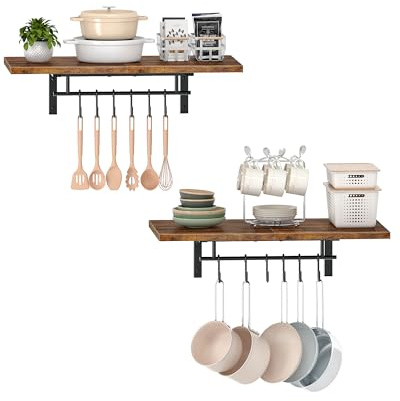 CHOEZON Küche Wandregale für,Topf-Rack, 2er-Set, Küchenhalter Wandmontage, Pfannenhalter mit 12 Haken und Stangen, Küchen Hängeleiste, 60 x 36 x 16 cm, Vintagebraun und Schwarz DTPR26P2BF