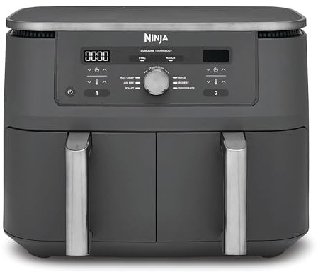 Ninja Dual Zone Digital Air Fryer, 2 Schubladen, 6-in-1, Heißluftfritteuse, 9,5L, Heißluft-Frittieren, Max Crisp, Rösten, Backen, Aufwärmen, Spülmaschinenfeste Körbe, Metallic Grau DZ400EU