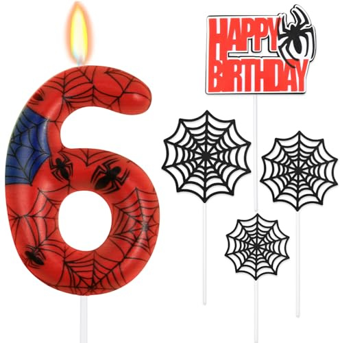 HOTUT Geburtstagskerzen Zahlen 6,Spinne Deko,Kerzen Geburtstag mit Spinnennetz Set,Happy Birthday Kuchen Kerzen Set,Blau Rot Zahlenkerze,Spinne Thema Party Kerzen für Jungen Mädchen 6. Geburtstag