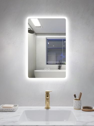 40x60cm LED-Badspiegel, quadratische, matte, abgerundete Ecken, dimmbar | Quadratische, matte, abgerundete Ecken; 3 Lichtfarben, dimmbar, Speicher; kupferfreies Glas, IP44, H/V-Montage