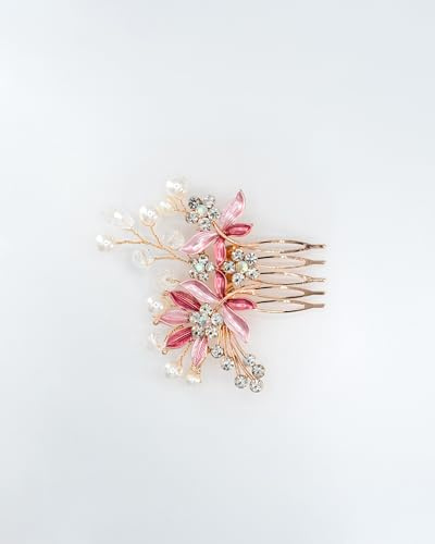Bridal Hair Comb with Pearls and Crystals – Handmade Gold Tone Wedding Hair Accessory with Floral Design for Elegant Updos – Gift Box Option (pink, standard)