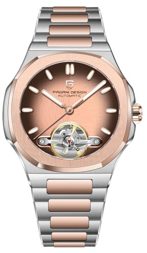 RollsTimi Pagani Design YS025 Men's Automatic Watch Skeleton Dial Tourbillon-Style E3251 Movement Sapphire Crystal 100M Waterproof Stainless Steel Luxury Sports Watch, Gradient Gold-Brown