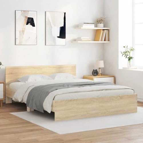 Emmtore Bettgestell mit Kopfteil Bett Gästebett mit Kopfteil, Schlafzimmerbett Schlafzimmermöbel Sonoma-Eiche 140x200 cm