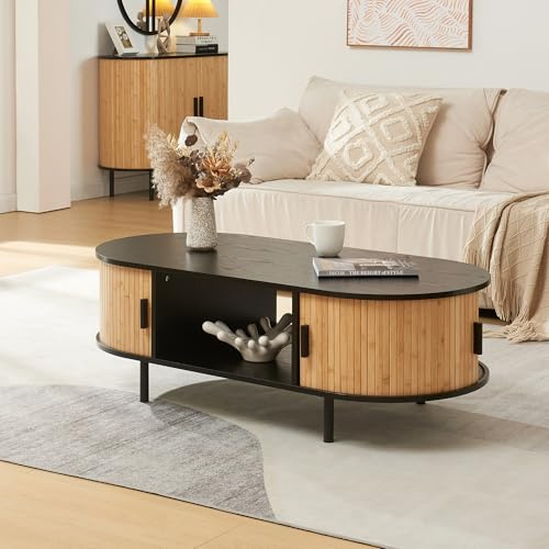 [en.casa] Couchtisch Tvedestrand Wohnzimmertisch mit 2 Schiebetüren mit Metallbeine Sofatisch mit Stauraum 120 x 55 x 40 cm Natur/Schwarz
