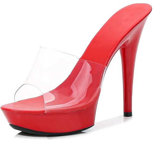 WVBVLO Women Clear Strap Fish Mouth Platform Sky High Heel Sexy Party Slides Fashion Transparent Open Toe 5.11in High Heeled Backless Prom Sandals For Evening Wedding (Red,8)