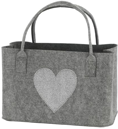 mucHome Filztasche mit Glitzer-Herz Design, Grau oder Anthrazit Farbe zufällig, Polyester Filz Aufbewahrungstasche, 40x26,5x21cm, Dekorative Handtasche mit Tragegriffen