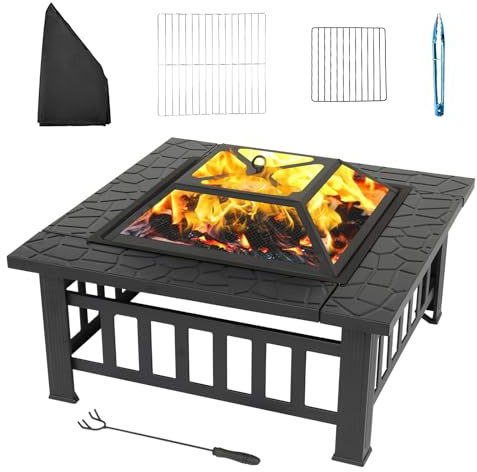 LEADZM Feuerschale mit Grillrost | Feuerkorb 3-in-1 Multifunktional, Feuerhaken & Schutzhülle, Feuerstelle für Holz/Kohle, BBQ Party Garten Terrasse Outdoor,82 x 82 x 52 cm