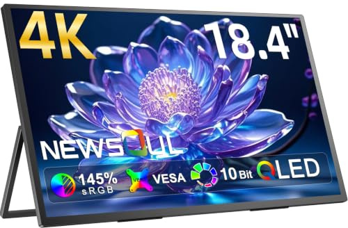 Newsoul Portable Monitor 4K, 18.4'' 145% sRGB QLED | 3840×2160 UHD 2000:1 Built-in Speakers, VESA, USB-C Mini HDMI Travel Screen for Host, PC, Phone