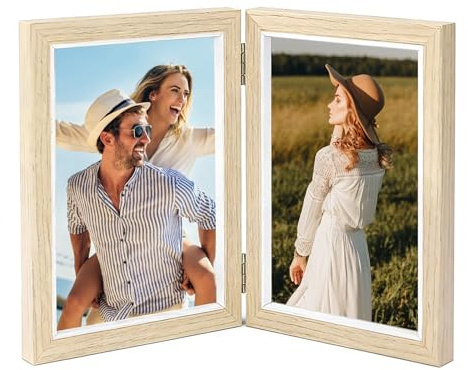 CHUANFU Bilderrahmen Doppelt Klappbare 10 x 15 cm, Klappbarer Bilderrahmen | Doppelbilderrahmen aus Holz mit Glasfrontständer, Fotorahmen Collage 2 Fotos, für Büro Hochzeit Familie, Original Holz