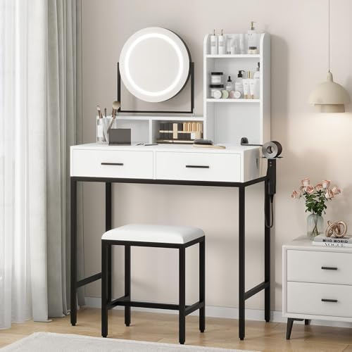 Garvee Tocador Moderno con Espejo Giratorio 360°, Iluminación LED Regulable En 3 Niveles, 2 Cajones, 5 Estantes Abiertos, Taburete Cómodo, Puertos USB Integrados – Mueble Funcional para Dormitorio | 3 Niveles, 2 Cajones, 5 Estantes Abiertos, Taburete Cómodo, Puertos USB Integrados – Mueble Funcional Para Dormitorio
