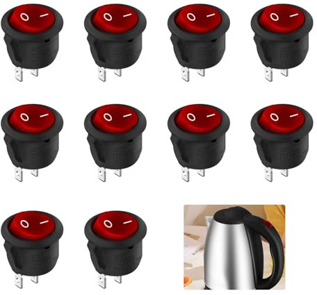 10 Stück Kippschalter Rund,Mini Wippschalter 2 Polig Rot Ein/Aus Schalter Klein 6A 250V Round Rocker Switches für Auto, Wohnmobil, Motorrad & Haushaltsgeräte