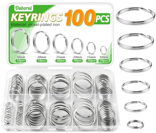 Ouborui-100PCS Anneau Porte Clé 10/15/20/25/28/30mm | Argenté Anneaux Porte Clé Métal Anneaux Ouverts pour le Bricolage et les Loisirs Créatifs, Rangement de Clés