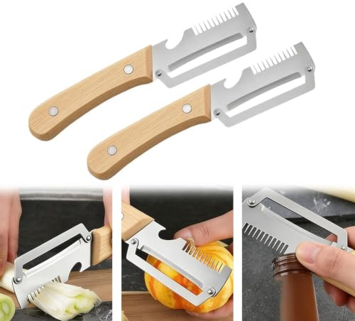 2pcs 2 En 1 Pelador De Verduras Multifuncional, Pelador De Alimentos De Acero Inoxidable Con Mango De Madera Y Abridor De Botellas Herramienta De Pelado De Cocina Para Manzanas, Patatas Y Calabazas