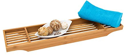 Relaxdays Bandeja Bañera Bambú, 5,5x70x16,5 cm, 3 Compartimentos para Jabón, Creama, etc, Madera, Natural