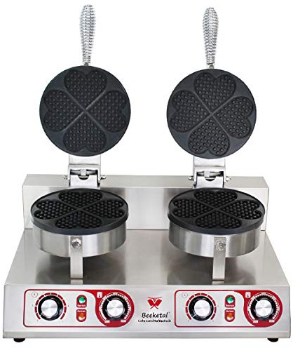 Beeketal 'BWA-2P' Profi Gastro Doppel Herz Waffeleisen mit antihaftbeschichteten Backplatten (2 x 4 geteilt Herzform), Waffelautomat für belgische Herz Waffeln, 50-300 °C stufenlos