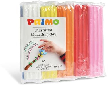 PRIMO - Plastilina Bambini Pasta Modellabile Colorata 10 Colori da Modellare 55g per Plasmare Forme, Mescolabili Riutilizzabili, Giochi Bambini 3 Anni per Lavoretti Creativi e Hobby non Secca all'Aria