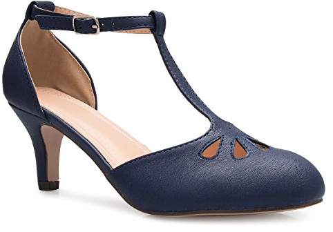 Olivia K Women's Kitten Low Heels T-Strap Pumps - Adorable Vintage Retro Shoes with T Strap - Unique Upper Cut Out Design (10, Navy)