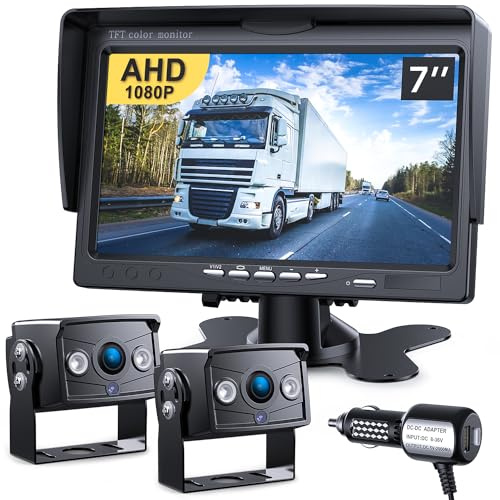 DVKNM Upgrade Dual Backup Camera Monitor Kit 7 HD 1080P Monitor IP69 Waterproof Rearview Reversing Rear View Camera for Truck Trailer Semi-Trailer Box Truck RV Pickup Truck Easy Installation (TZ102)
