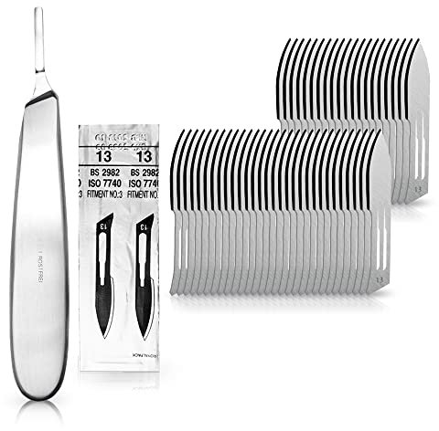 Set - 50 Stück Skalpellklingen Figur 13 aus Karbonstahl - Ersatzklingen einzeln steril verpackt + 1 x May - Skalpell-Halter mit 13,5 cm langem und bauchigem Griff - Edelstahl