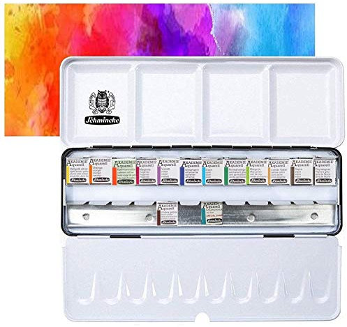 Schmincke Akademie , Aquarell Farbkasten, Grundsortiment 14 x 1/2 Näpfche + Platz für 10 weitere 1/2 Näpfchen n