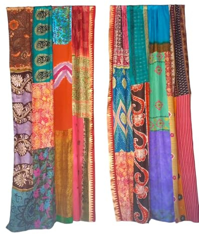 RAJBHOOMI HANDICRAFTS 1 Pair of Indian Vintage Silk Sari Patchwork Curtains – Boho, Gypsy, Hippy Room Decor, Bohemian Wall Hanging, Unique Drapes, Assorted Colors & Patterns for Home Decor.