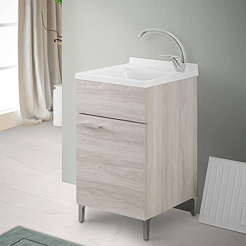Inbagno Lavatoio con mobile e vasca in Resina resistente agli acidi, Completo di ASSE di Lavaggio e Kit sifone + piletta (45x50 cm 1 Anta, Rovere Grigio)