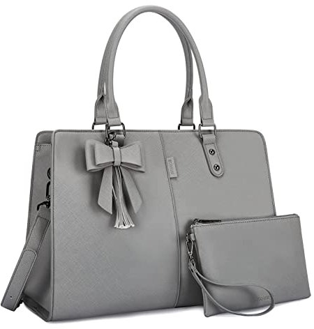 ECOSUSI Handtasche Damen Laptoptasche 15,6 Zoll Shopper Groß Henkeltasche Aktentasche Damen Leder Schultertasche Businesstasche 2-teiliges Set (Grau)