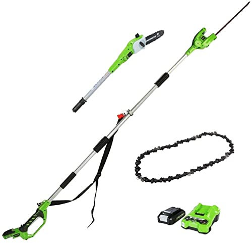 Greenworks Tagliasiepi Telescopico e Motosega, Catena per Motosega con Batteria 4 Ah e Caricabatteria