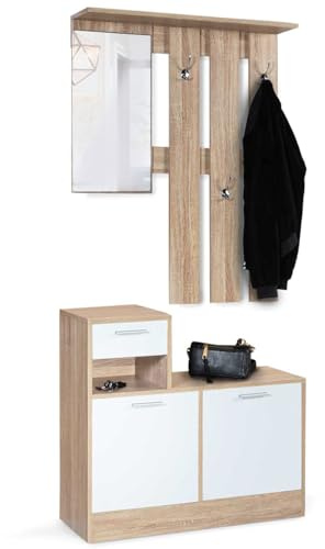 IDMarket - Mueble para entrada con espejo diseño Paulin, madera de haya, puertas blancas