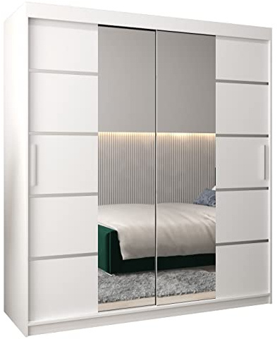 MEBLE KRYSPOL Verona 4 180 Schlafzimmerschrank Schiebetüren Schrank mit Spiegel Kleiderschrank mit Spiegel Schiebetürenschrank Kleiderschrank Schiebetüren – 180x200x62cm - Mattweiß