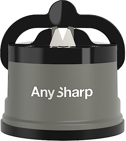 AnySharp Messerschärfer, Freihändige Sicherheit, PowerGrip Saugnapf, Sicheres Schärfen aller Küchenmesser, Ideal für gehärteten Stahl & Wellenschliff, Weltbeste Qualität, Kompakt, Grau