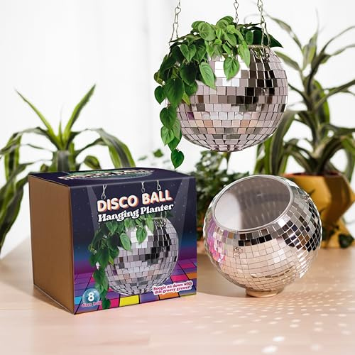 Bubblegum Stuff - Silver Disco Ball Hanging Planter - Hanging Basket For Indoor Plants, Silver Chain, Herb Planter, Boho Room Decor 8 inch
