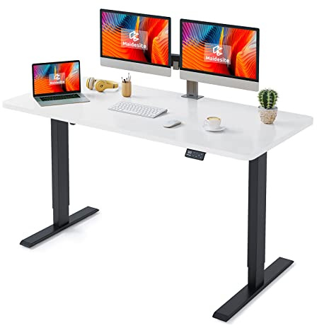 MAIDeSITe Höhenverstellbarer Schreibtisch 140 x 70 cm - Höhenverstellbar Elektrisch mit 4 LED Memory-Steuerung - Sitz & Stehpult -Schreibtisch Tischplatte (S1 Pro), Schwarz Gestell + Weiß