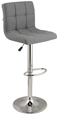 Baroni Home Sgabello da Bar o Cucina in Tessuto Imbottito, Regolabile e Girevole a 360°, con Schienale e Poggiapiedi, Struttura in Acciaio Cromato, (1 Pezzo, Grigio)
