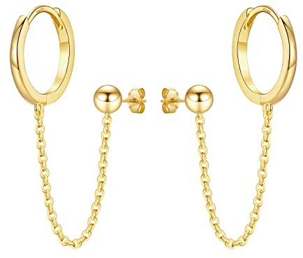 925 Sterling Silver Chain Hoop Earrings for Women, Silver Gold Double Piercing Two Holes Huggie Hoop Earrings Set Tassel Drop Link Cuff Cartilage Helix Earrings for Teen Girls Jewellery Gifts