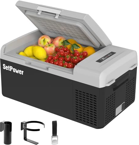 Setpower FC15 Portable 12v Refrigerator, -4℉-68℉ Fast Cooling Car Refrigerator, 15L/15.8Qt Car Fridge Portable Freezer with 12/24V DC & 110/240V AC, Electric Cooler (Black&Grey, 15L With AC Adapter)