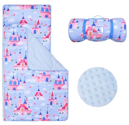 Schlafsack Kinder mit Kopfkissen Reißverschluss, Faltbare Kinderschlafsack mit Kissen Abnehmbar für Mädchen Jungen, Leicht Reinigen Schlafsack für Outdoor Indoor Camping, 150×60cm Blaue Schloss
