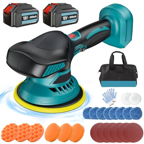 Cordless Car Buffer Polisher with 2X 12V 3000mAh Battery, 6 Inch Polishing Machine Kit 6 Variable Speed 750-6800OPM, with 16PCS Attachments Used for Car Detailing/Waxing/Sanding