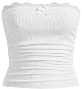 GORGLITTER Damcrop top med spetstrimning tub topp axelbandslös sommartopp bandeau spetstopp undertopp, Vit, S