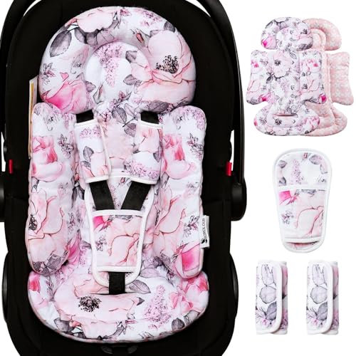 BOMOLOUR Infant Car Seat Insert, Enlarged Head Support for Baby Carseat, Reversible Newborn Insert with 3 Strap Covers, 2-in-1 Baby Car Seat Cushion for Stroller, Swing, Bouncer, Rocker - Pink Floral