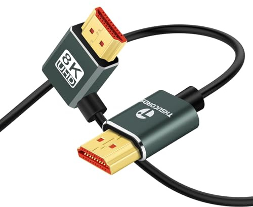 Thsucords Ultratunn 8K HDMI 2.1 90 Graders Högerhörn kabel 0.5M, Flexibelt Smalt Höghastighetskabelstöd 4K @ 120Hz 8K @60Hz Kompatibel med Roku TV/HDTV/PS5/Blu-ray