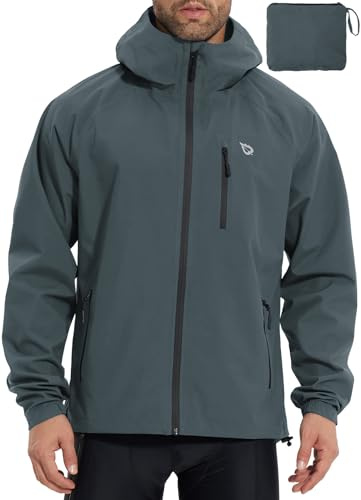 BALEAF Herren Fahrradjacke Regenjacke Wasserdicht Windbreaker mit Kapuze 10000mm H2O Wasserdicht Laufjacke Atmungsaktiv Wanderjacke Dunkelgrau XL