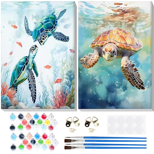 Lxmsja 2 Pack Tortuga Marina Pintar por Numeros Adultos con Marco, DIY Animal Cuadros para Colorear por Números Lienzos, Pintura Acrilica Manualidades Adulto Decoracion Hogar Pared 20x30cm