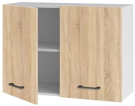 Laclar Hängender Küchenschrank 80 cm mit Türen - aus 16 mm Möbelplatte - ideal für mittelgroße und große Küchen - Viel Stauraum - Flexibler Aufbau - einfache Montage (Weiß Matt) (Sonoma Eiche)