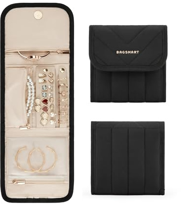 BAGSMART Travel Jewelry Organizer Case, Foldable Jewelry Roll for Necklaces, Earrings, Journey-Rings, Bracelets, Brooches, Portable, Black